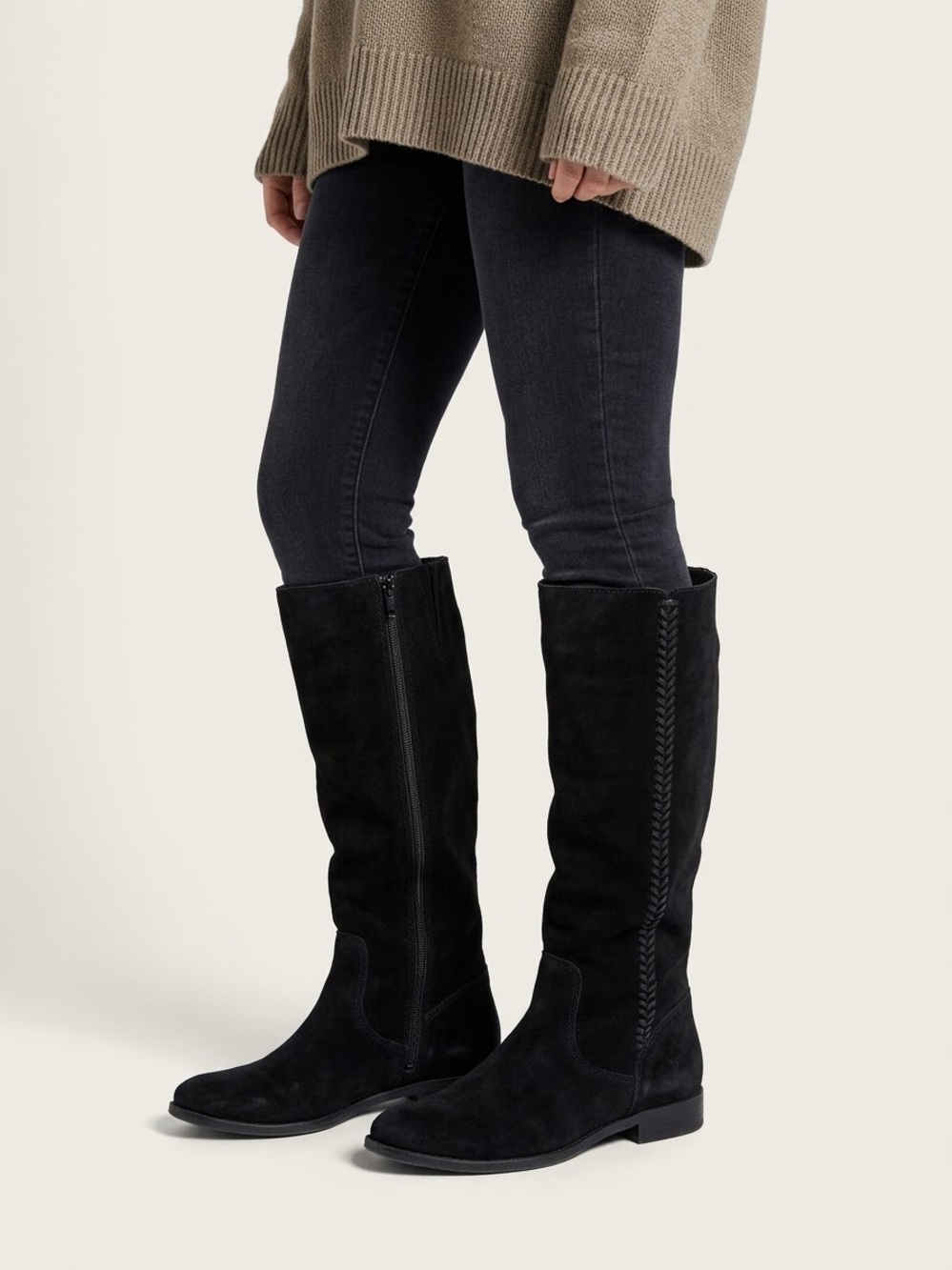 Frye and Co. Women 8M Black Suede Knee High Zip Riding Boots Braided Detail
